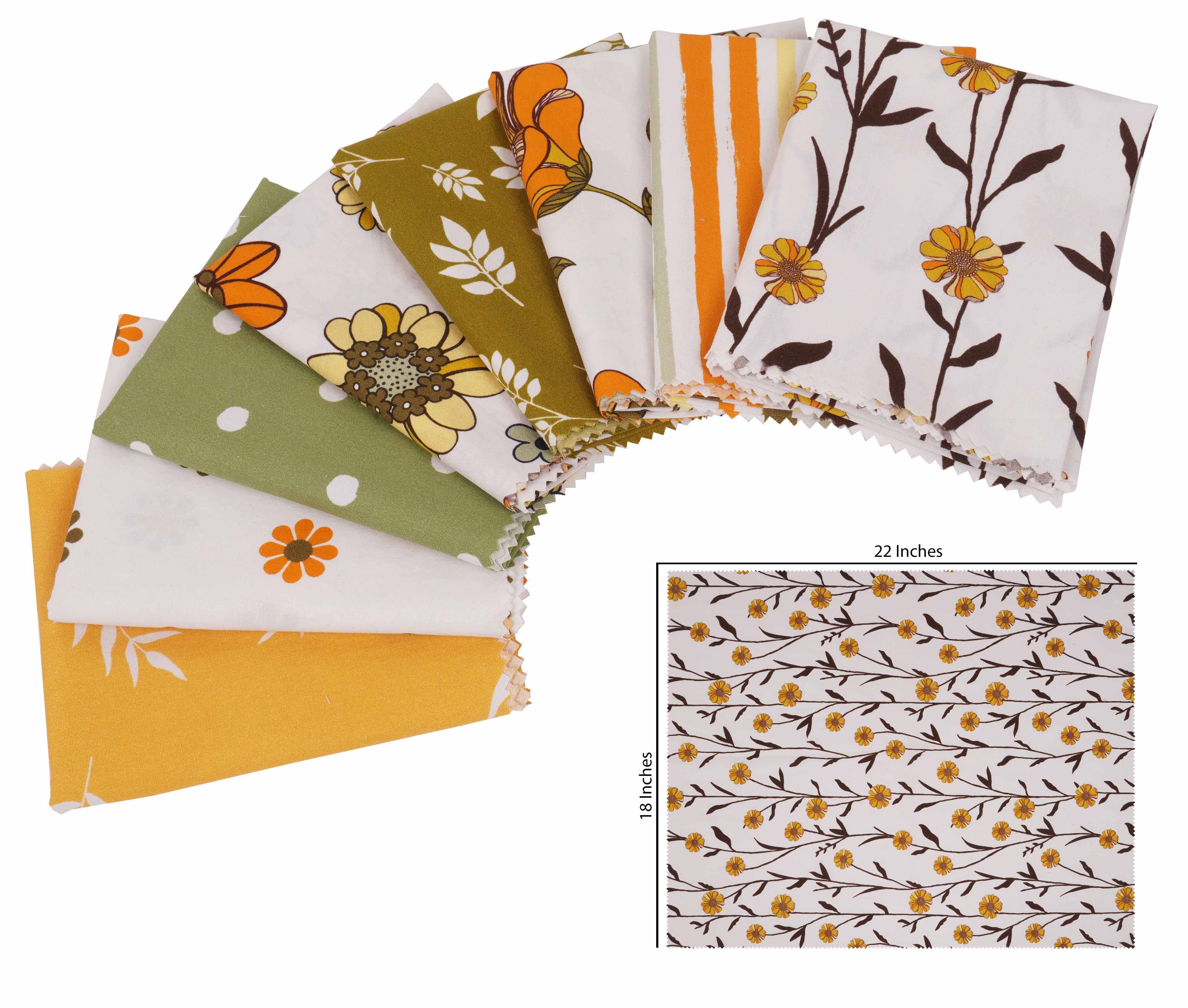 Soimoi 8 Pc Fat Quarter Bundle,Summer Floral CollectionPrint 18"x 22"DIY Patchwork-100% CottonPre-Cut Quilting Fabric Orange, Olive Green