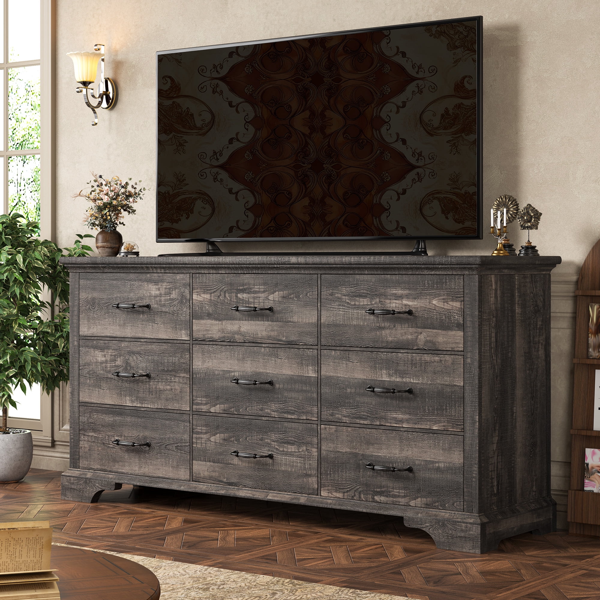 9 Drawers Dresser, 63"L Farmhouse Dressers for Bedroom & Chest of Drawers, Solid Wood TV Stand with Large Metal Handle,Dark Rustic Oak