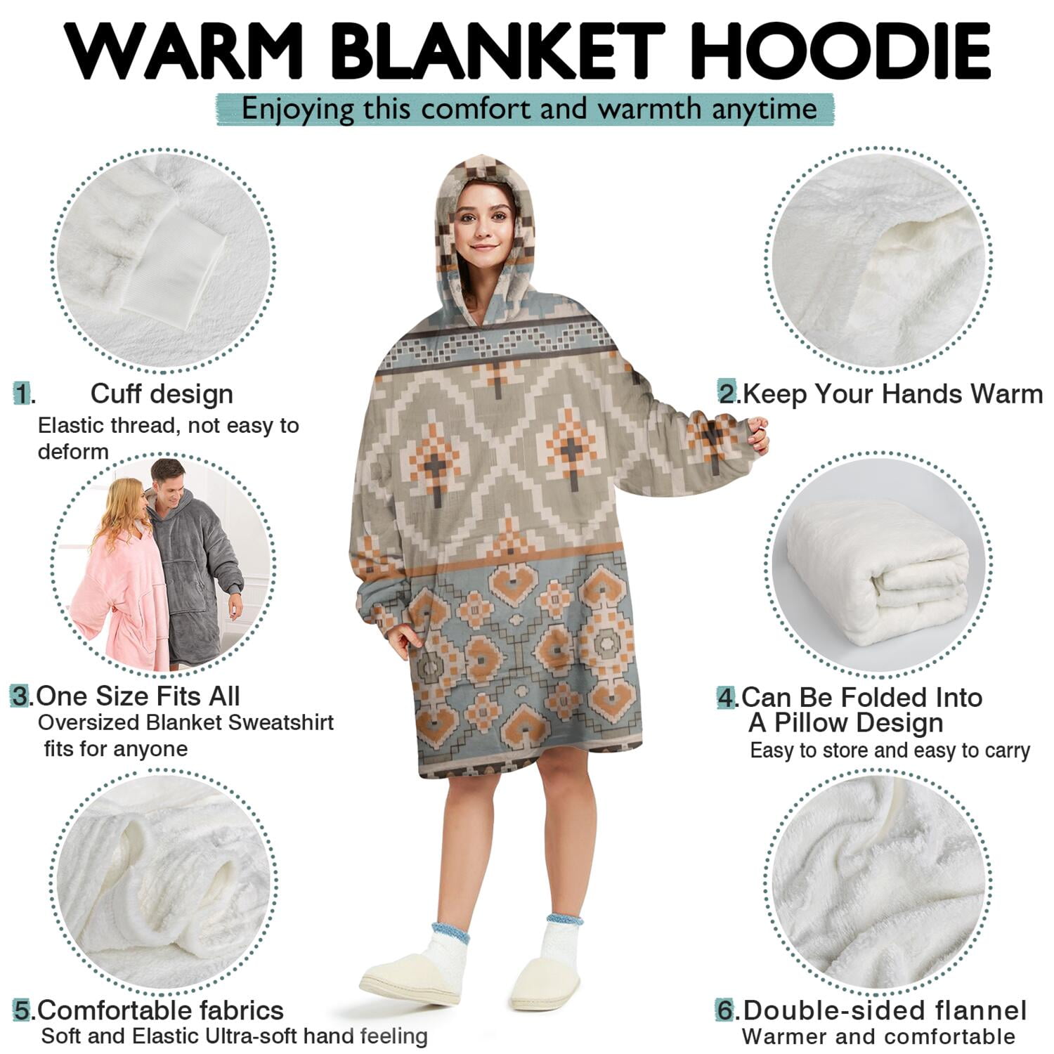 Wearable Oversized Blanket,Orange Geometric Diamond Cross Pattern Wearable Blanket Hoodie for Adults,Cozy Hooded Blankets with Super Pockets,Super Warm Fuzzy Pullover for Women & Men