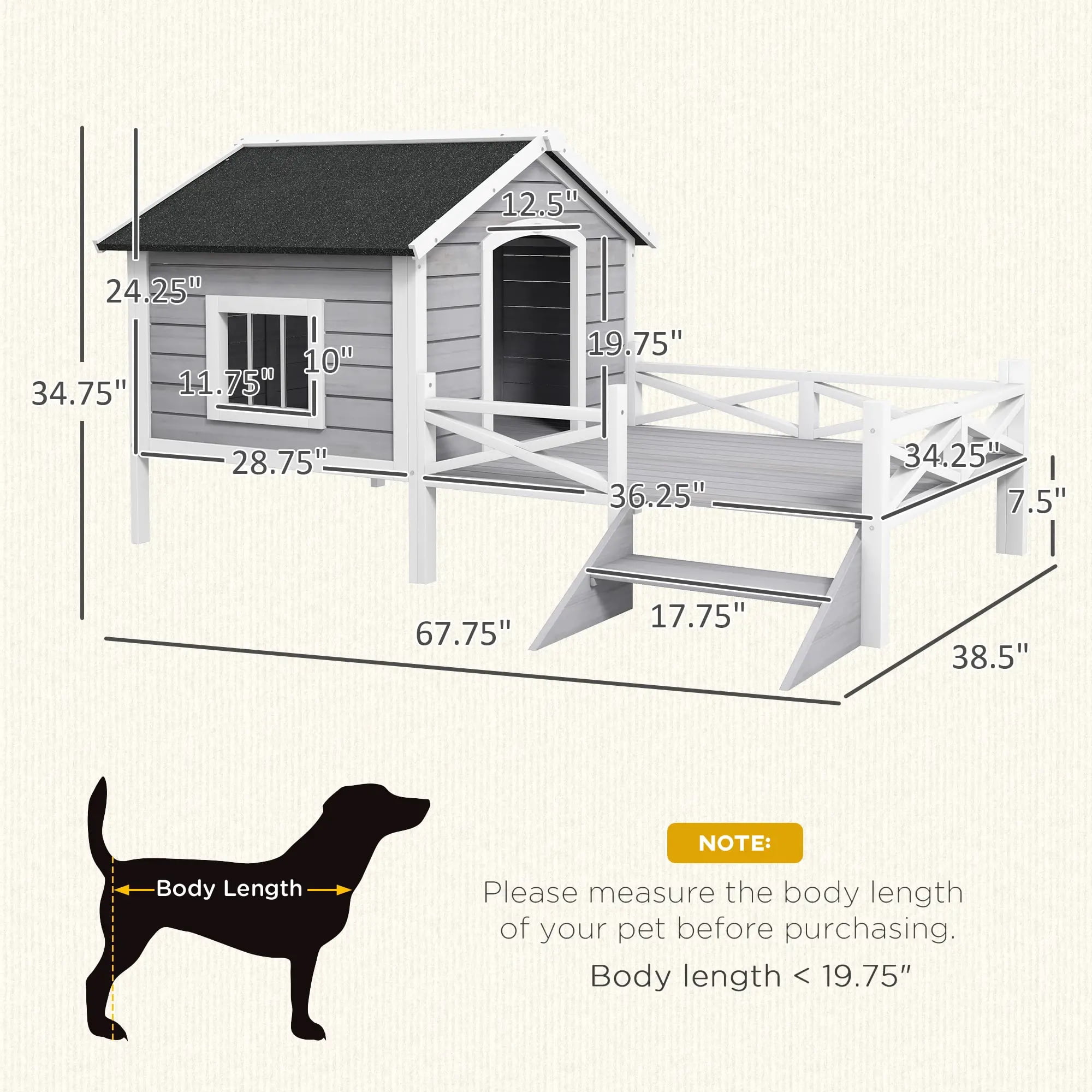 Pefilos 66" Large Wood Dog House with Porch for Small/Medium Dogs, Pet Shelter Pet Bunny House Outdoor Cat House, Gray