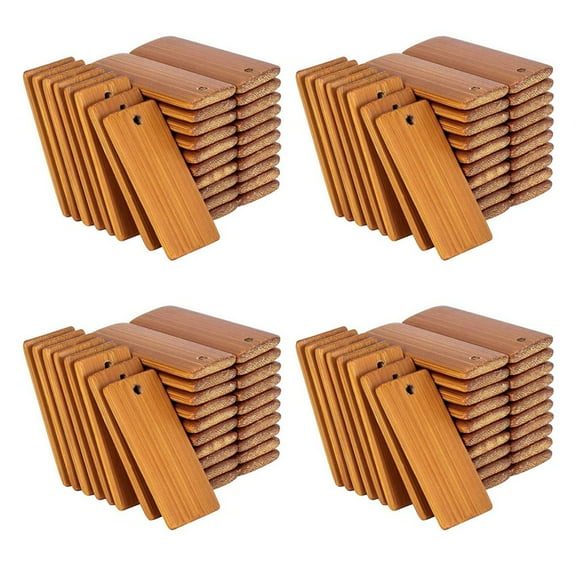 400Pcs 45X20mm Rectangle Wooden Tags for Keychain Rings, Bamboo Unfinished Wood Key Ring Tag