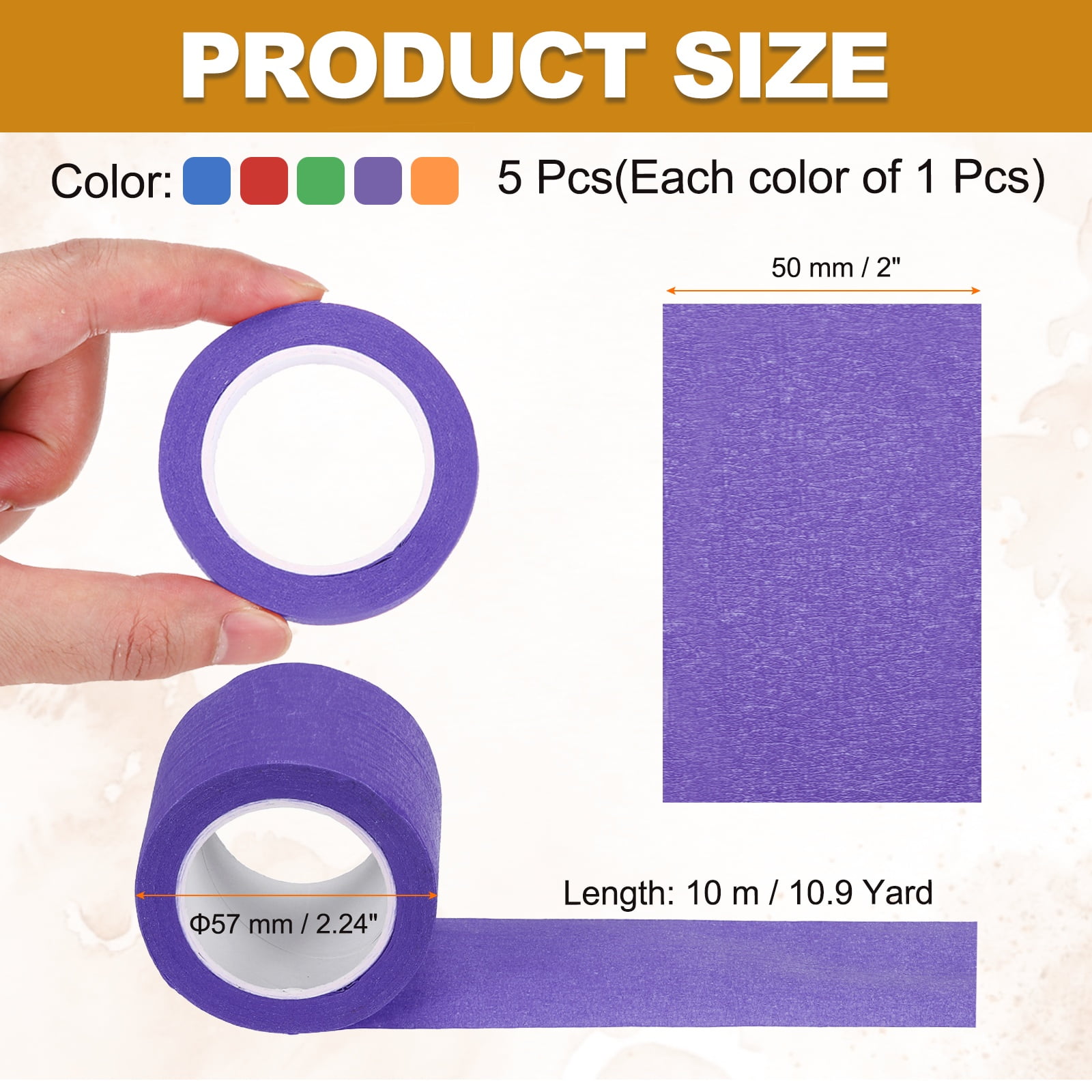 5pcs 2" x 11 Yard Colored Masking Tape, Blue Green Pink Yellow Purple