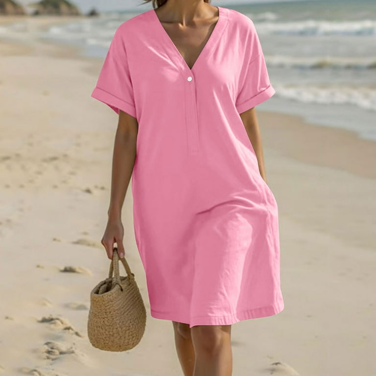 Prvdebri Linen V-Neck Dress - Casual Shift Dress with Hidden Pockets, Women's, Size: XL, Pink