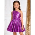 thumbnail image 6 of Raenseen Girls Shiny Party Dress With Belt One Shoulder A Line Summer Dress Patent Leather Look Modern Jazz Dance Outfits Purple 16, 6 of 7