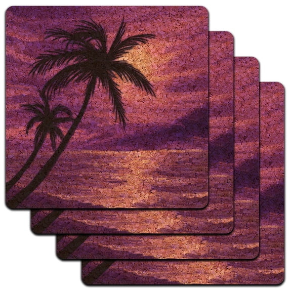 Sunset Beach Palm Tree Hawaii Paradise Purple Low Profile Cork Coaster Set