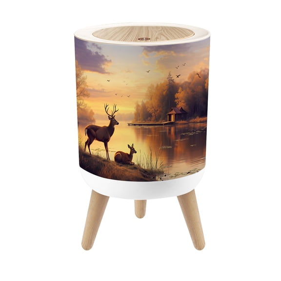 Small Trash Can with Lid Golden Rustic Animal Vintage Wildlife Deer Lake Forest 1.8 Gallon Dog Proof Trash Can Round Garbage Can Waste Bin Wastebasket for Bathroom Bedroom Living Room