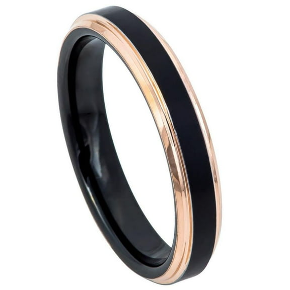 4mm Tungsten Carbide BTwo-Tone Black IP Rose Gold IP Brushed Center Stepped Edge Wedding band Ring for Men and Ladies