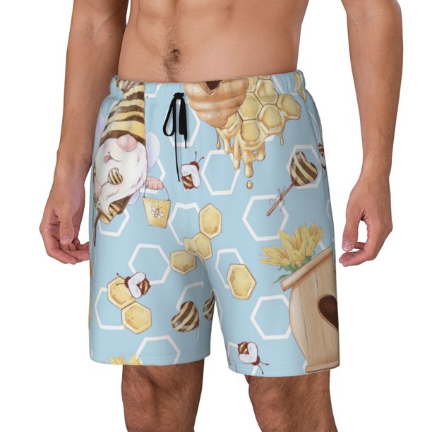 Fotbe Cute Gnome Bee Collects Honey Traje de Baño para Hombre – Shorts de Natación de Secado Rápido con Forro y Bolsillos-Medium
