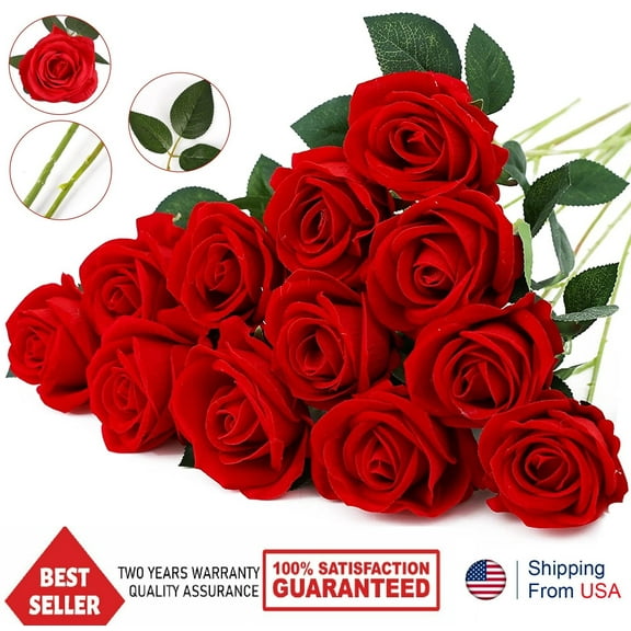 20PCS Fake Roses Artificial Flowers Red Roses with Long Stems Realistic Faux Silk Rose Bouquets for Wedding Bridal Shower Centerpieces Floral Arrangements Party Valentine's Day Gift