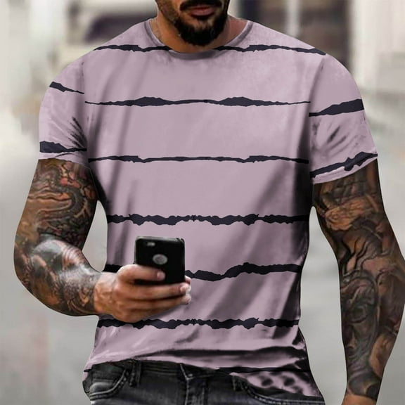 Muscularfit T Shirts for Men Short Sleeve Pink Striped Crew Neck T Shirt Workout Tops for Men