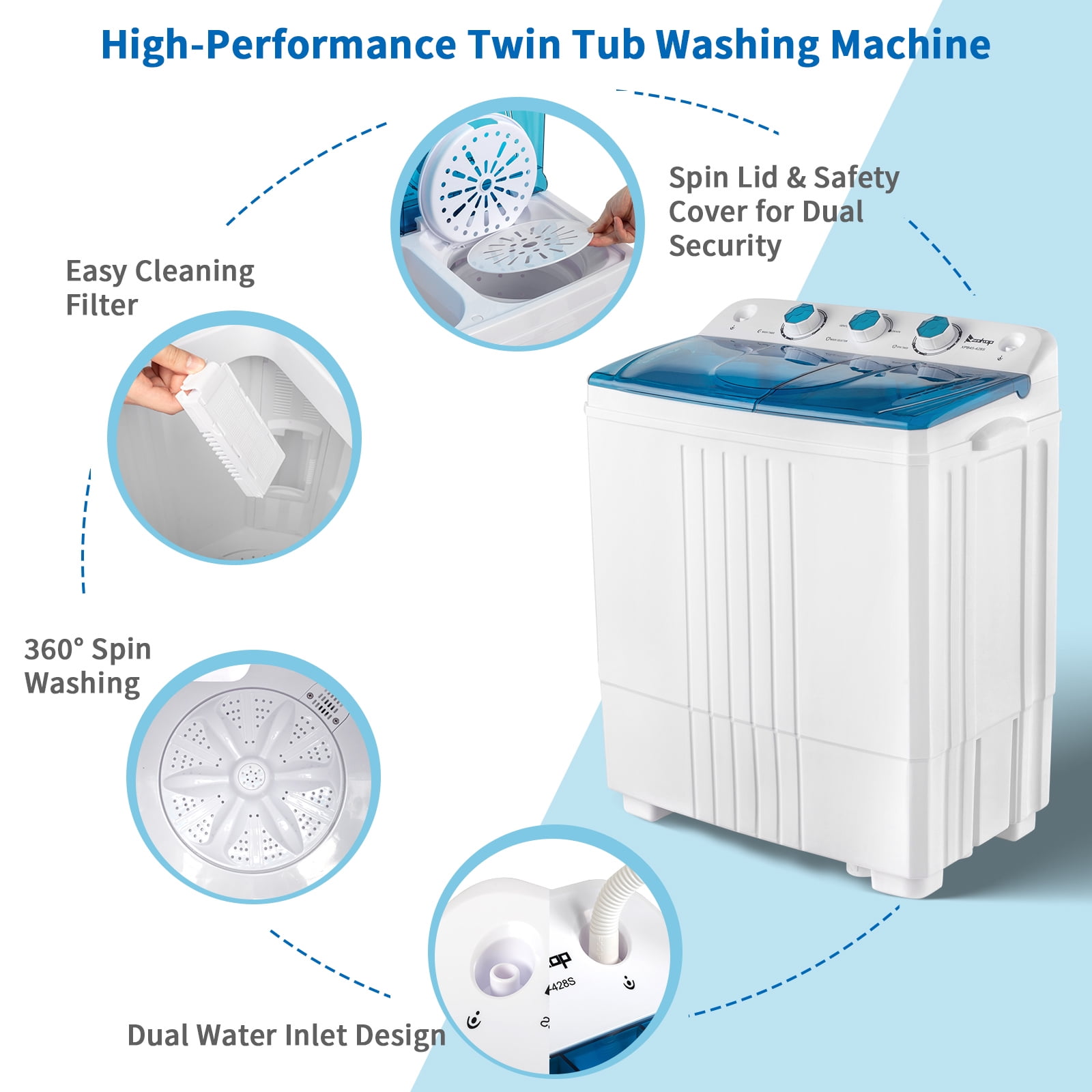 Portable Washing machine 20Lbs Capacity Mini Washer and Dryer Combo Compact  Twin Tub Laundry Washer(12Lbs) & Spinner(8Lbs) Built-in Gravity Drain,Low