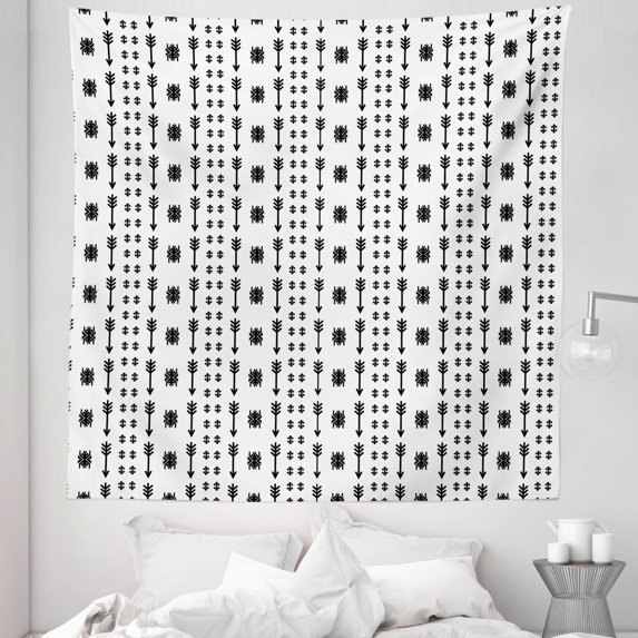Tribal Tapestry, Arrows Pattern Ornaments Vintage Style Bohemian Art, Fabric Wall Hanging Decor for Bedroom Living Room Dorm, 5 Sizes, Black White, by Ambesonne
