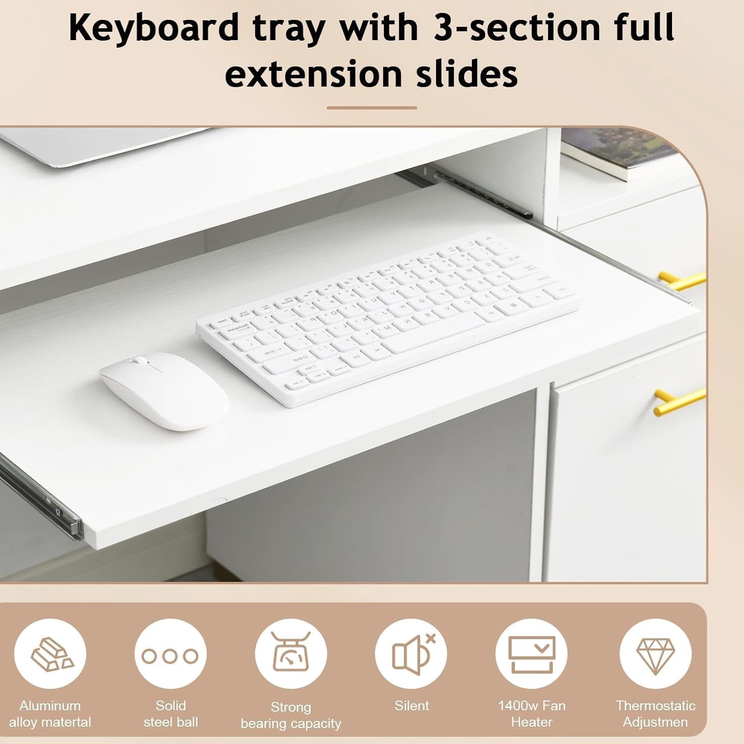DreamCurship White and Gold Desk with Drawers,White Computer Desk with File Drawer, 55"Executive Desk with Keyboard Tray, Storage Cabinet, White and Gold