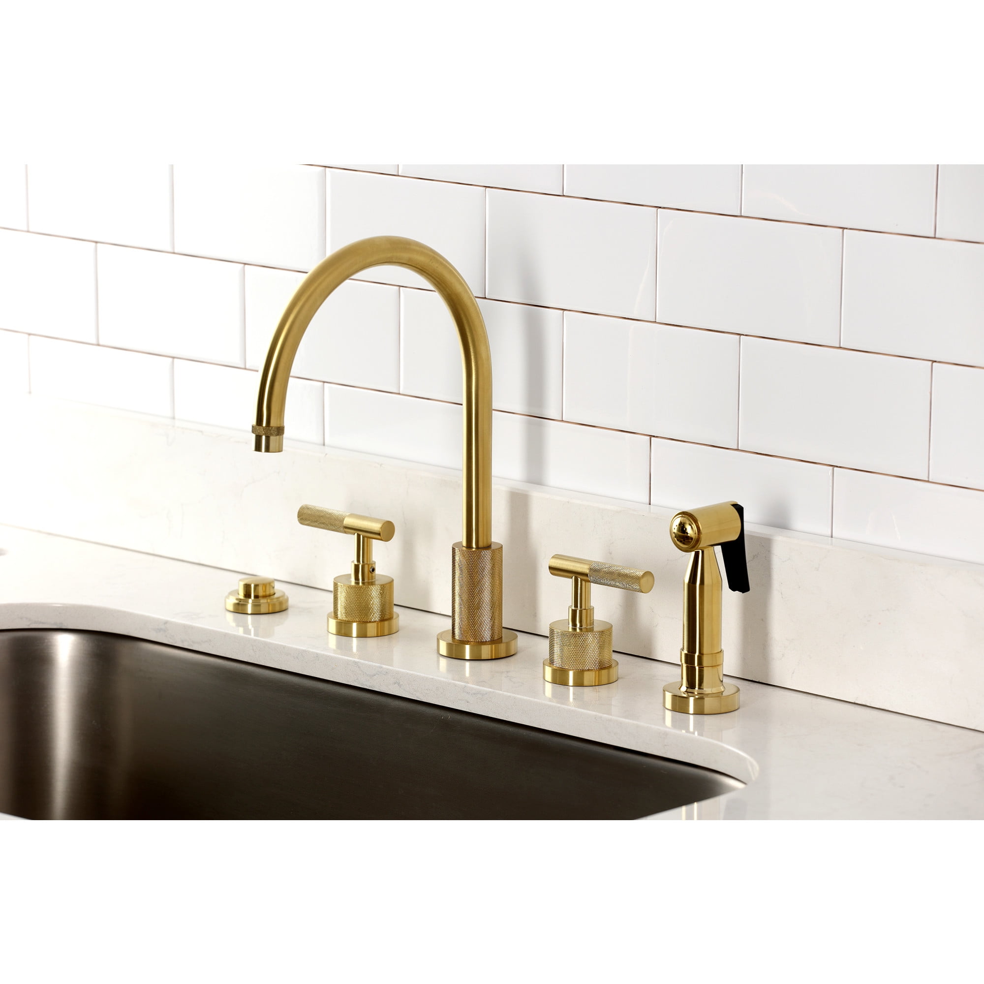 Kingston Brass KS8727KNLBS Convergent Double-Handle 4-Hole Widespread Kitchen Faucet with Knurled Handle 4-Hole and Brass Sprayer in Brushed Brass