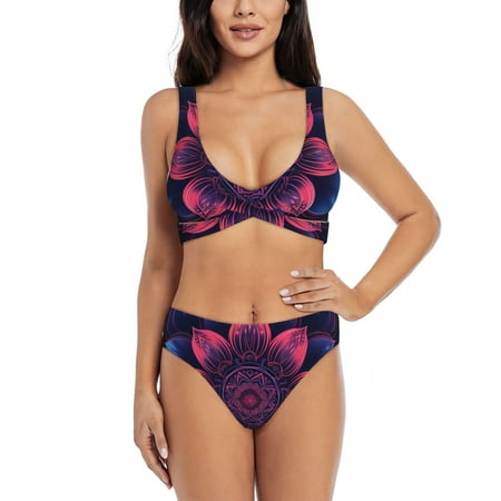 Zeuib Bohemian Vintage Pattern High Waisted Tummy Control Bikini Set - Knot Front Push Up Top & Cheeky Thong Bottom  Two-Piece Swimsuit for Women-X-Large
