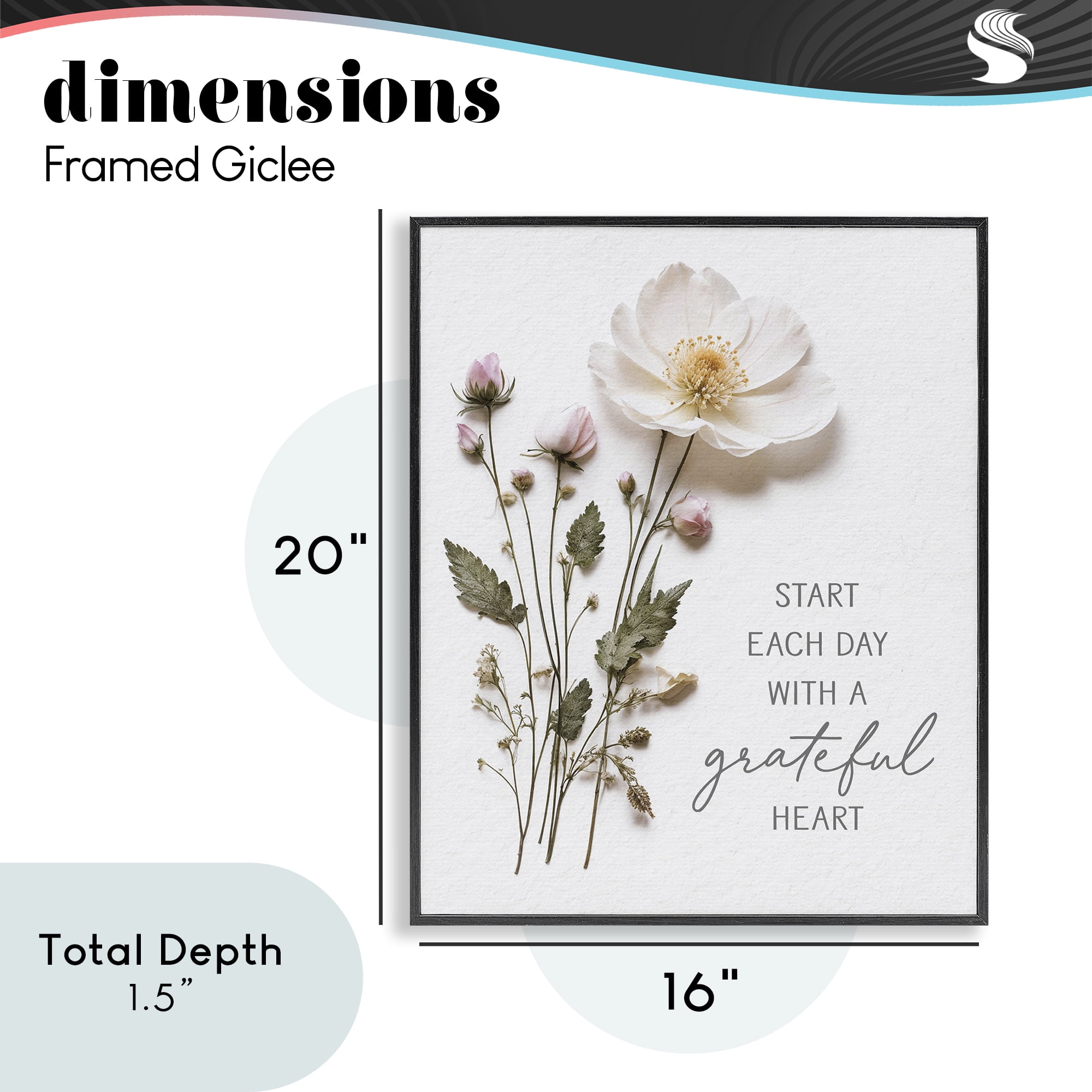Grateful Heart Pressed Flowers Black Framed Giclee Art, design by Lettered and Lined