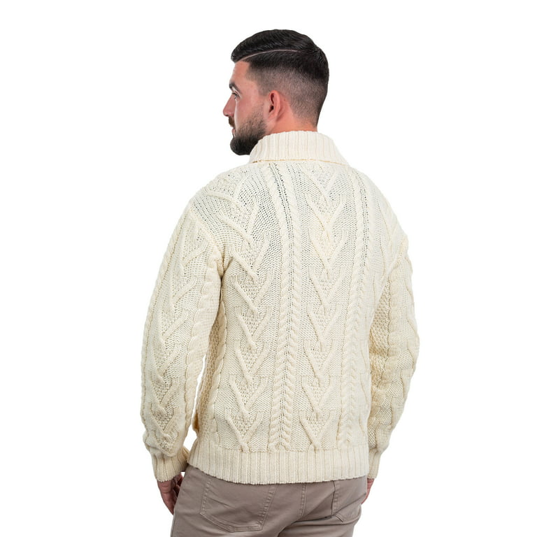 SAOL 100% lana merino para hombre con cuello con cremallera suéter irlandés  pescador de punto trenzado invierno al aire libre Jersey Aran Jumper