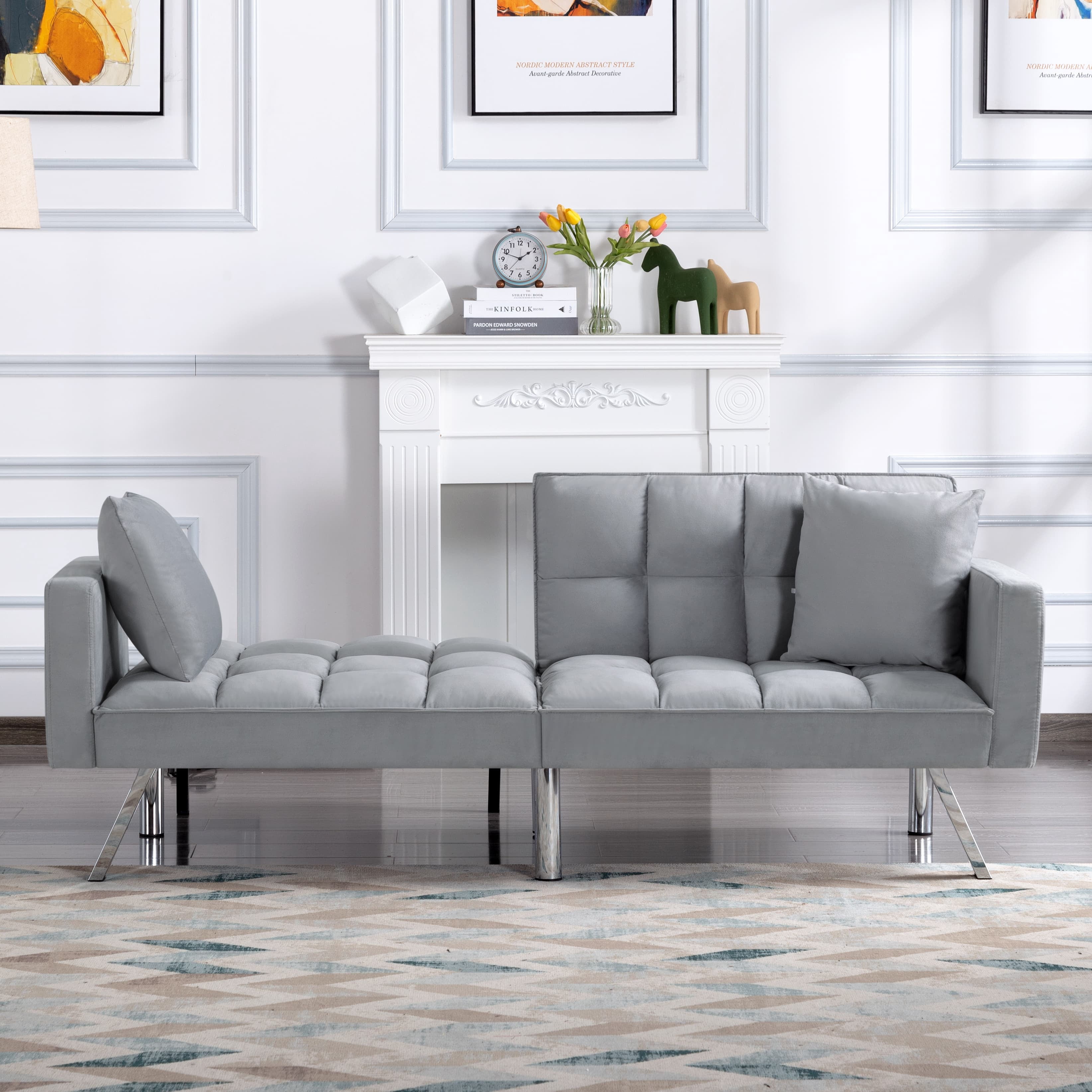 BSHTI 74” Twin Size Futon Sofa Bed,Square-tufted Upholstery Futon Sleeper,Velvet Fabric Sleeper Sofa,for Home,Office,and Guest Room,Light Gray