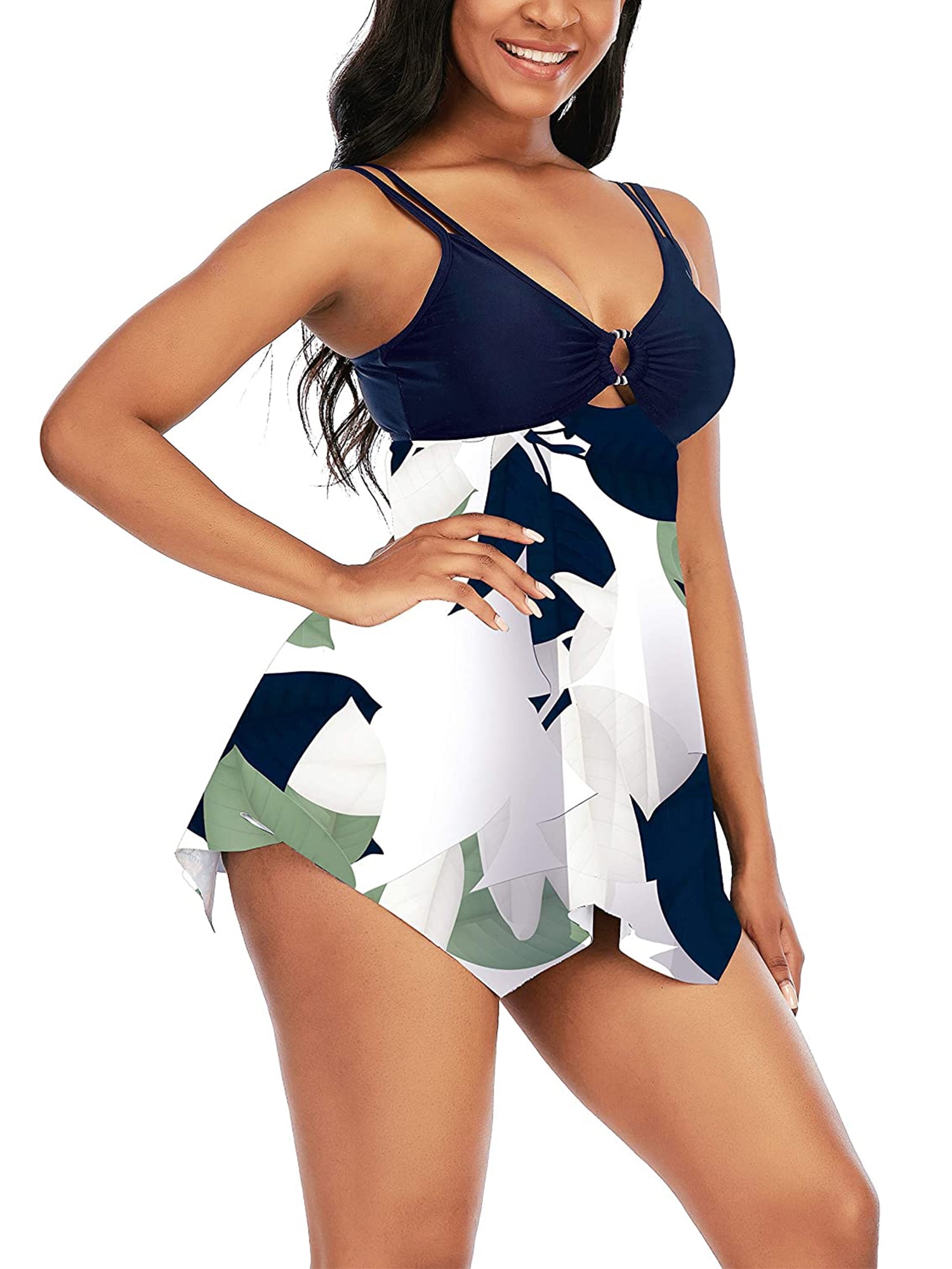 Chama Women's Tummy Control Swimwear Modest Flowy Tankini Swimsuits Two Pieces Keyhole Swimdress Bathing Suits for Women