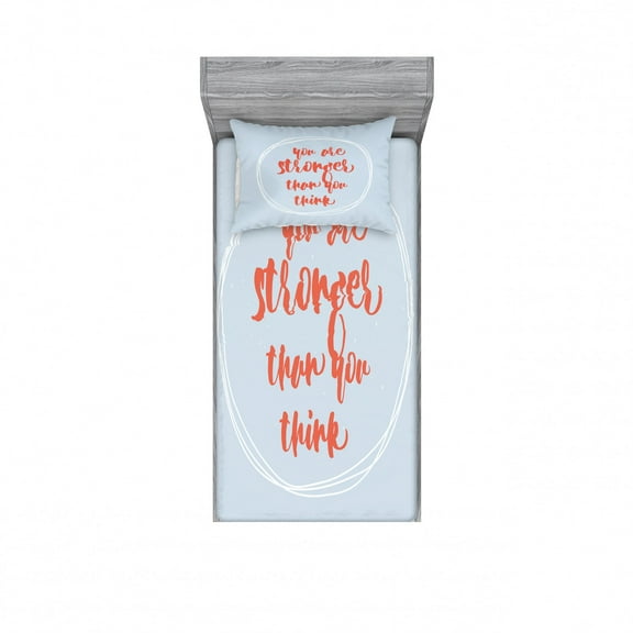 Your are Stronger than You Think Bedding Set with Sheet & Covers, Lifestyle Message in a Formless Geometric Circle, Printed Bedroom Decor 2 Shams, 4 Sizes, Dark Coral Baby Blue, by Ambesonne