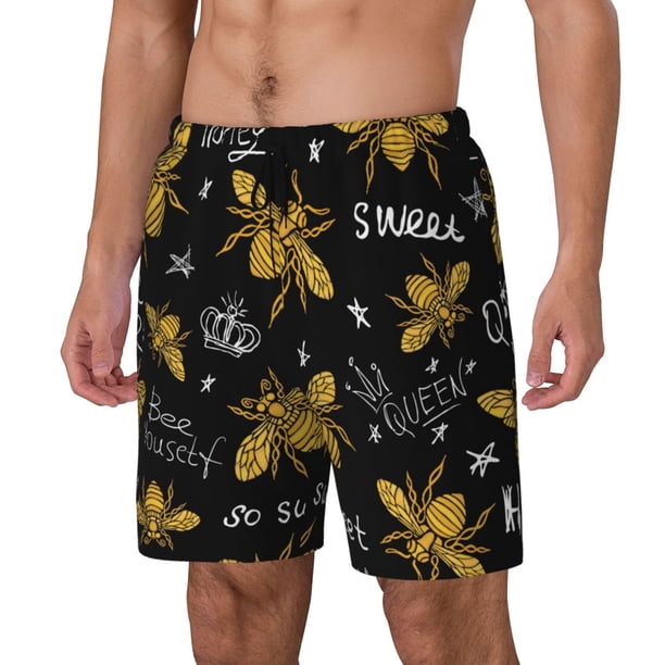 Balery Hohey Bee Golden Embroidery Bañador para hombre, shorts de playa de secado rápido con entrepierna y forro de compresión-XX-Large