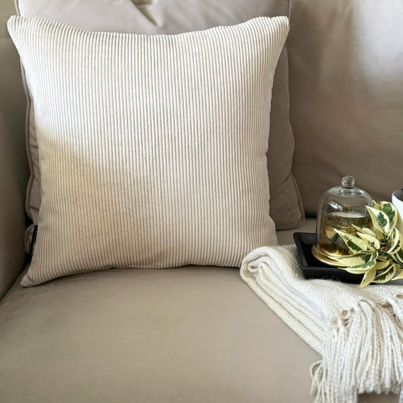 Ivory Decorative Throw Pillow Covers 14"x14" | Modern Velvet Cushion Cover Striped | Ribbed Corduroy Velvet Pillowcases for Couch, Sofa Bedroom & Living Room, Modern Home Décor - Ivory Cords