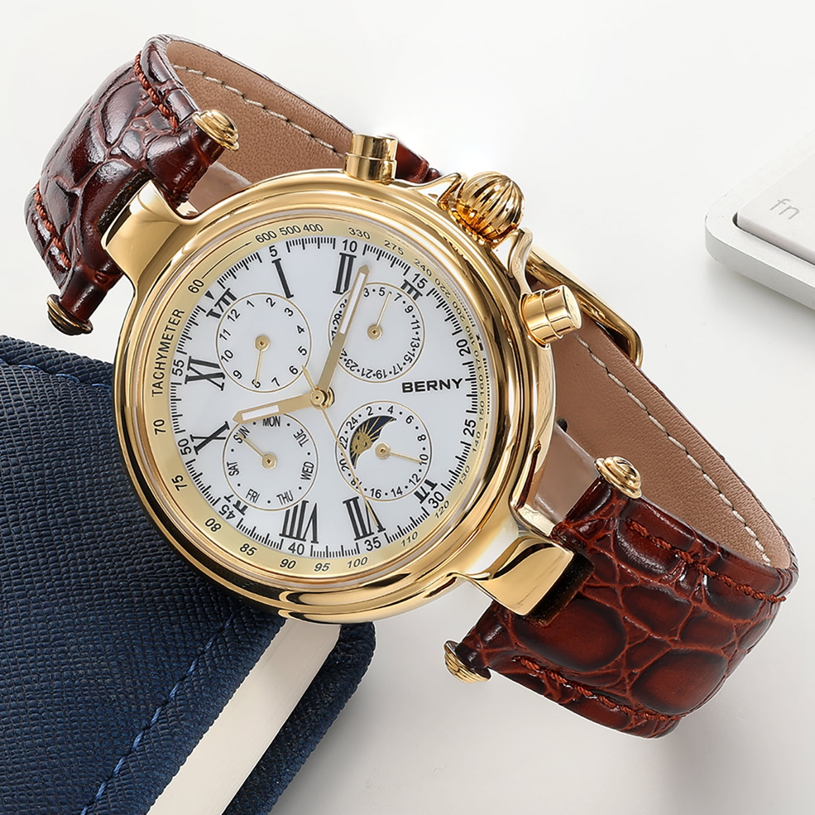 BERNY Automatic Watch for Men Classic Mechanical Self Winding Wristwatch 3ATM Waterproof Multi-Functional Dials Date, Week, Month and Moon Phase