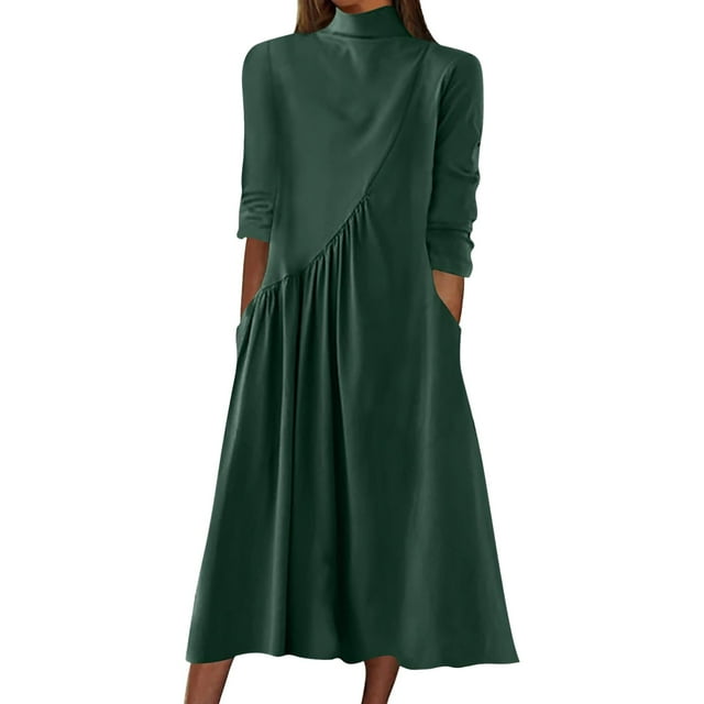 Kcodviy Robes Longues à Manches Longues à Col Roulé pour Femmes Longues Maxi Robes pour Femmes Robes Décontractées Automne Hiver Robe Décontractée Beige Ample Plissée Couleur Unie Robe d'Été Évasée Robe Midi avec Robes pour Femmes pour le Travail Poc