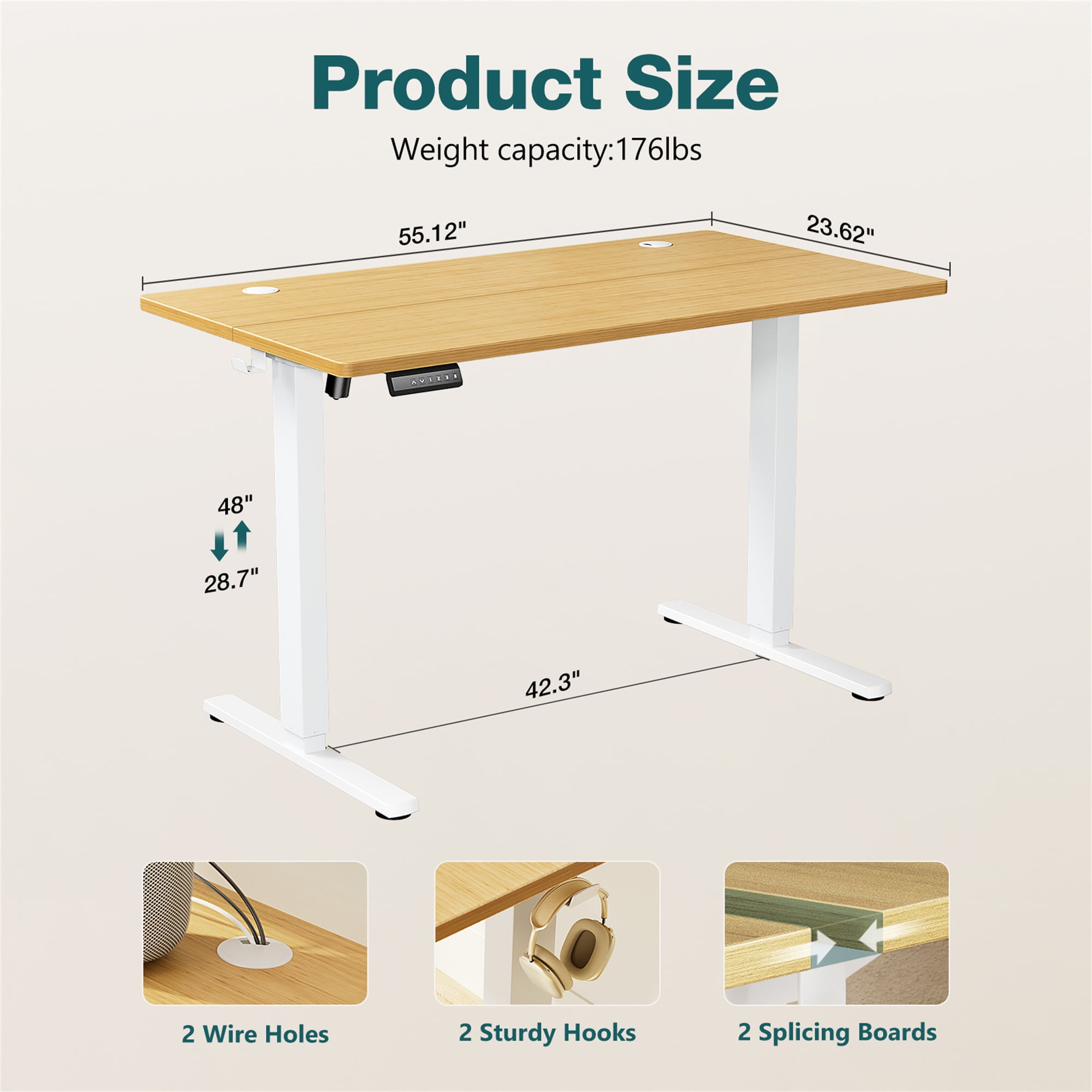 Aukfa 55" Electric Standing Desk, Adjustable Height Stand up Desk for Home Office, Bamboo
