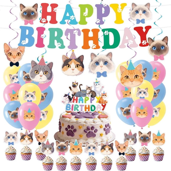 Cat Birthday Party Supplies Set Cute Kitty Decorations, Balloons, Banner & Tableware for 10 Guests
