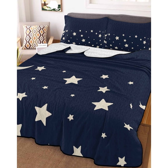 Modern King Size Down Alternative Comforter, Lightweight Comforter Quilt Bedding Set with Pillow Shams Japanese Style Minimalist Moon Stars Blue All Seasons Bed Comforter Duvet Insert 96"x106"