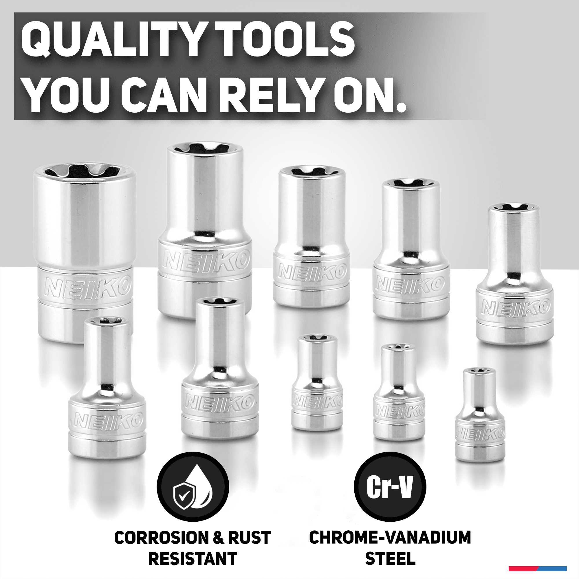 Neiko 02473A External Torx Plus Socket Set, 10 Piece | 1/4-Inch EP6 - EP8, 3/8-Inch EP10 - EP16, 1/2-Inch Square Drive EP18 and EP24 | CR-V Steel