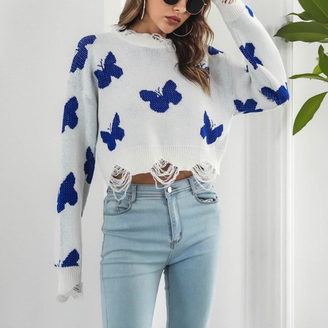 EGNMCR Chandails pour Femmes Dames Mode Trou et Hiver Chandail Tricoté à Manches Longues Haut Court Femmes