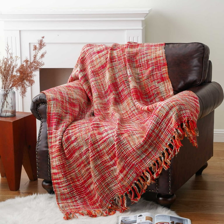 Battilo Spring Home Patterned Red Throw Blanket with Fringe