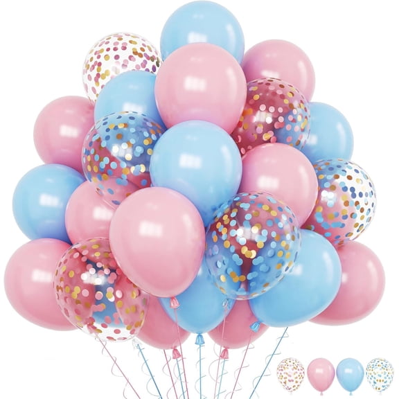 60 pack Pastel Pale Blue Pink Confetti Latex Balloons Set, 12 Inch Balloon Kit for Boy or Girl Gender Reveal Party Birthday Baby Bridal Decoration