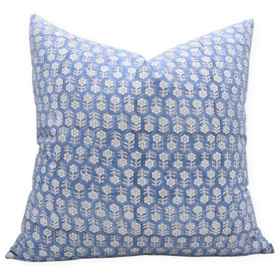 Fabdivine Block Print Throw Pillow Cover, 14x14 Inch Thick Cotton White Decorative Cushion Cover, Floral Print Boho Design Blue Pillow Cover for Sofa and Couch