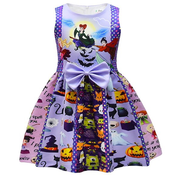 Kids Hocus Pocus Printed Bow-knot Cosplay Costume Girls Party Sleeveless Dress