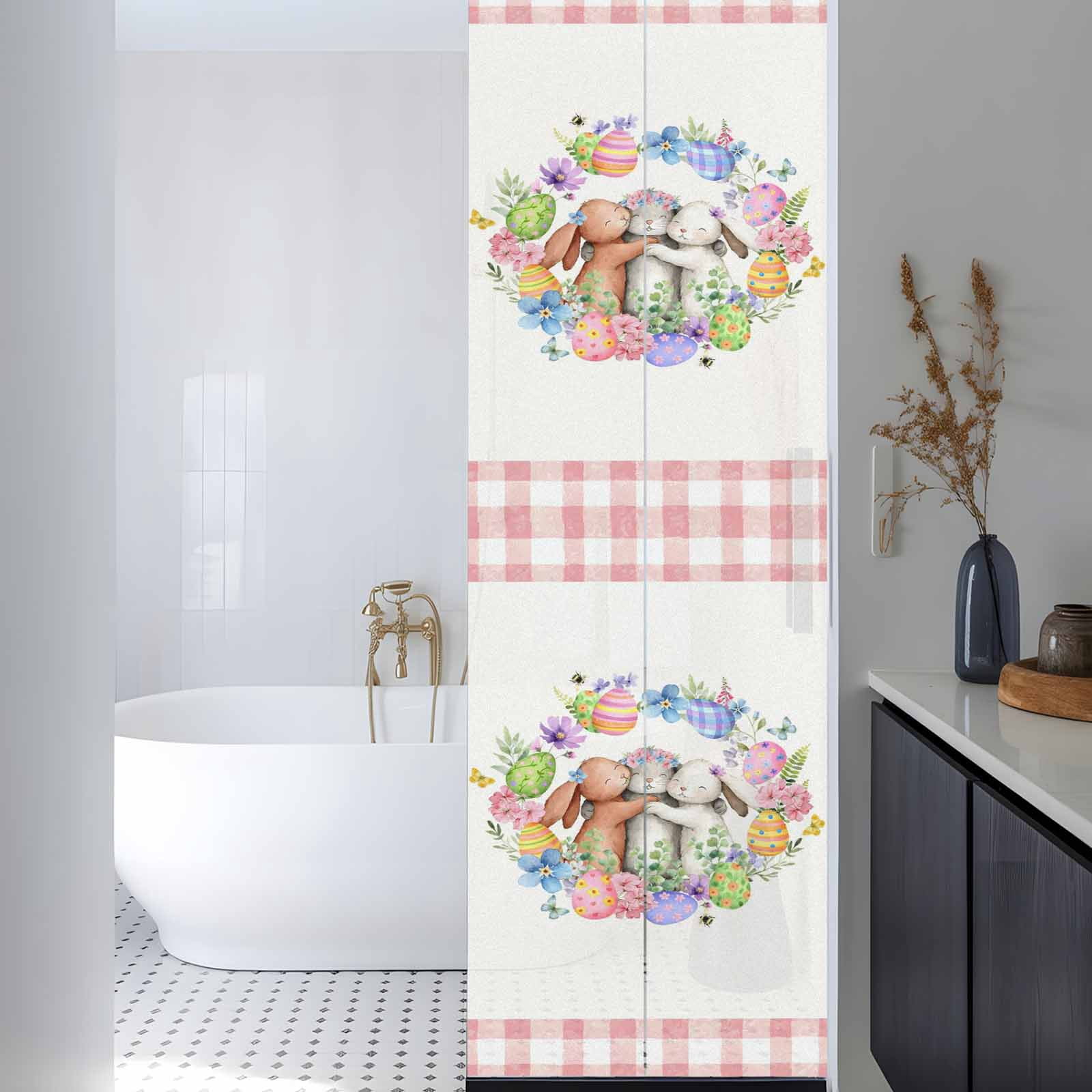 Easter Cute Rabbit Window Privacy Film, Color Eggs Pink Blue Flower Eucalyptus Leaf Pink Plaid Frosted Glass Window Clings Static Cling UV Heat Blocking Reusable Sticker for Bedroom 29.5x118 Inch
