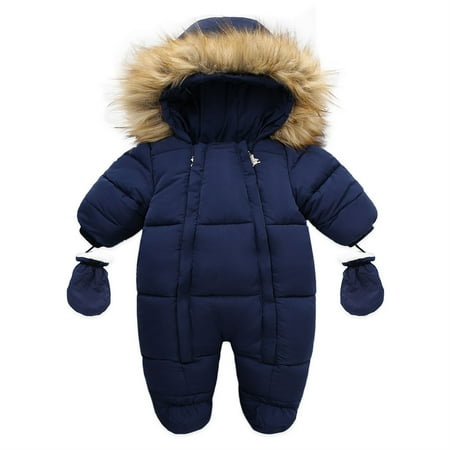 

Baby Snowsuit 6-24 Months Infant Girls Boy Hooded Warm Fleece Romper Jumpsuit with Gloves Toddler Wrapped Feet Clothes Winter Outfits Navy Blue 6-9 Months