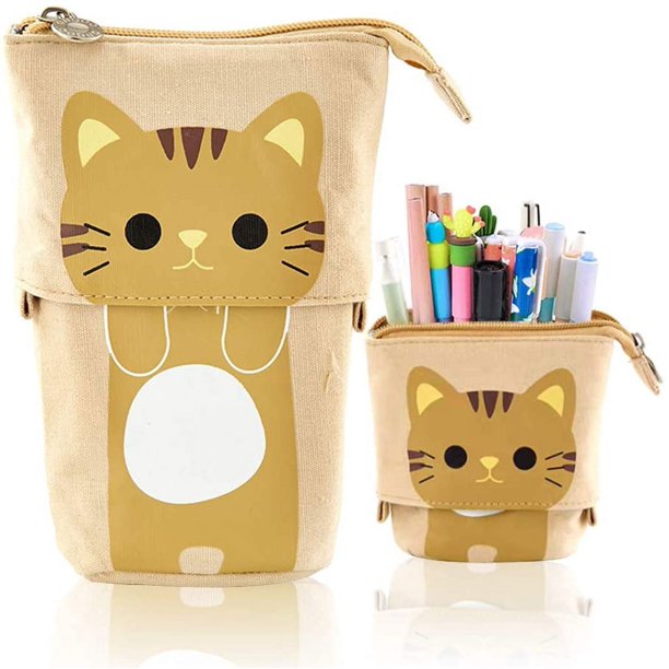 Transformer Stand Store Portalápices Canvas + PU Cartoon Cute Cat Telescopic Pencil Pouch Bag Papelería Pen Case Box con cierre de cremallera