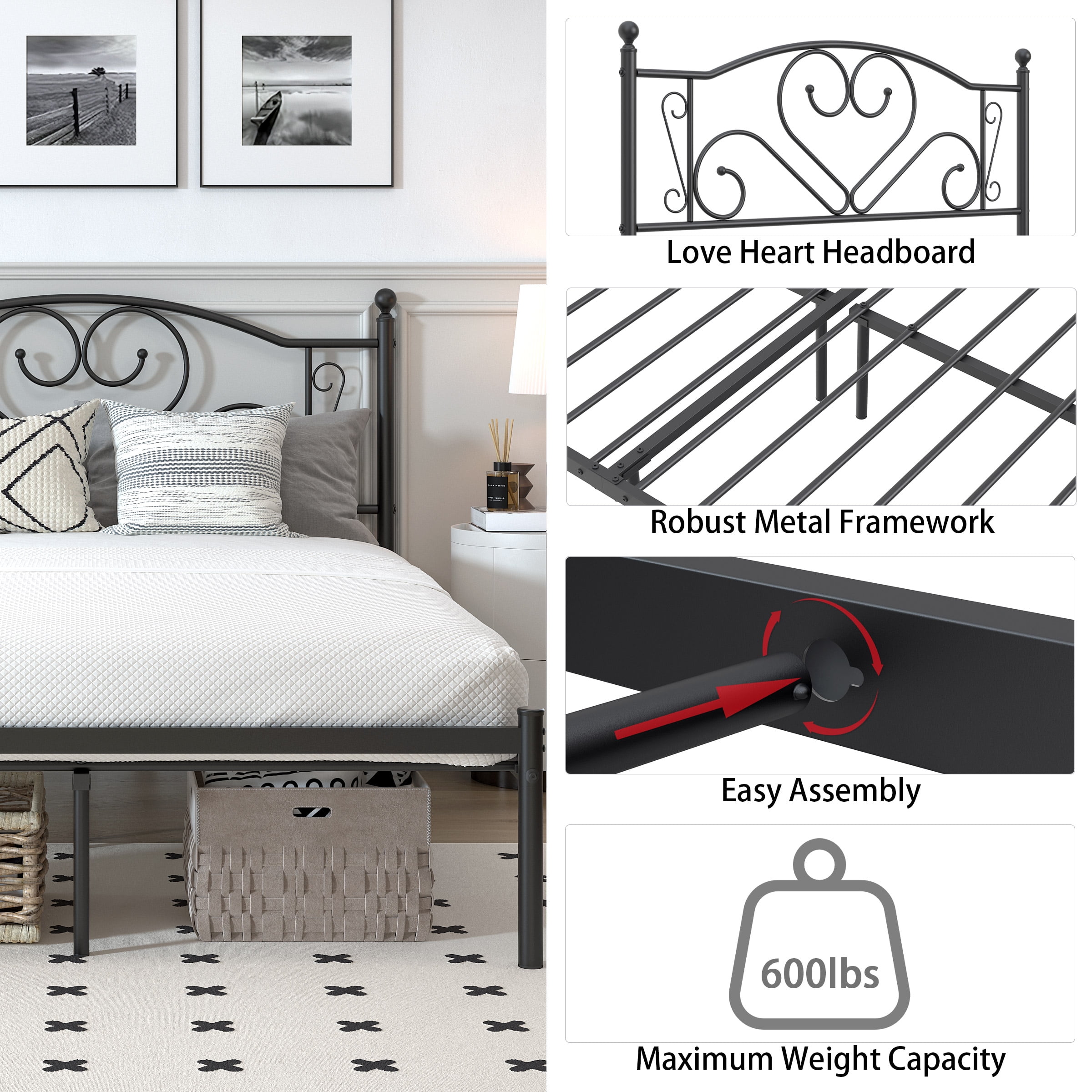 Yoneston 12” Full Size Heavy Duty Metal Platform Bed Frame with Love-Heart Shape Headboard for Bedroom Furniture, Black