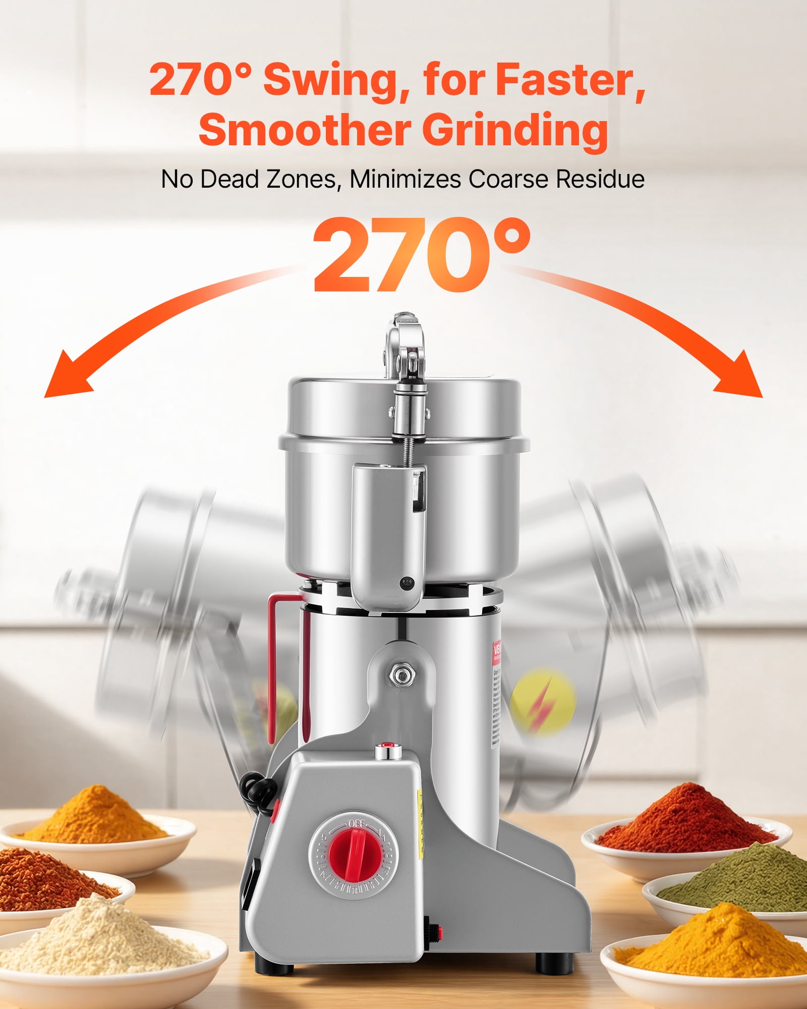 VEVOR 300g Electric Grain Mill Grinder, 1500W 28000RPM High Speed Spice Corn Dry Grinding Machine,Stainless Steel Pulverizer Powder Machine for Dried Grains Coffee Beans Spices Nuts (270° Swing Type)