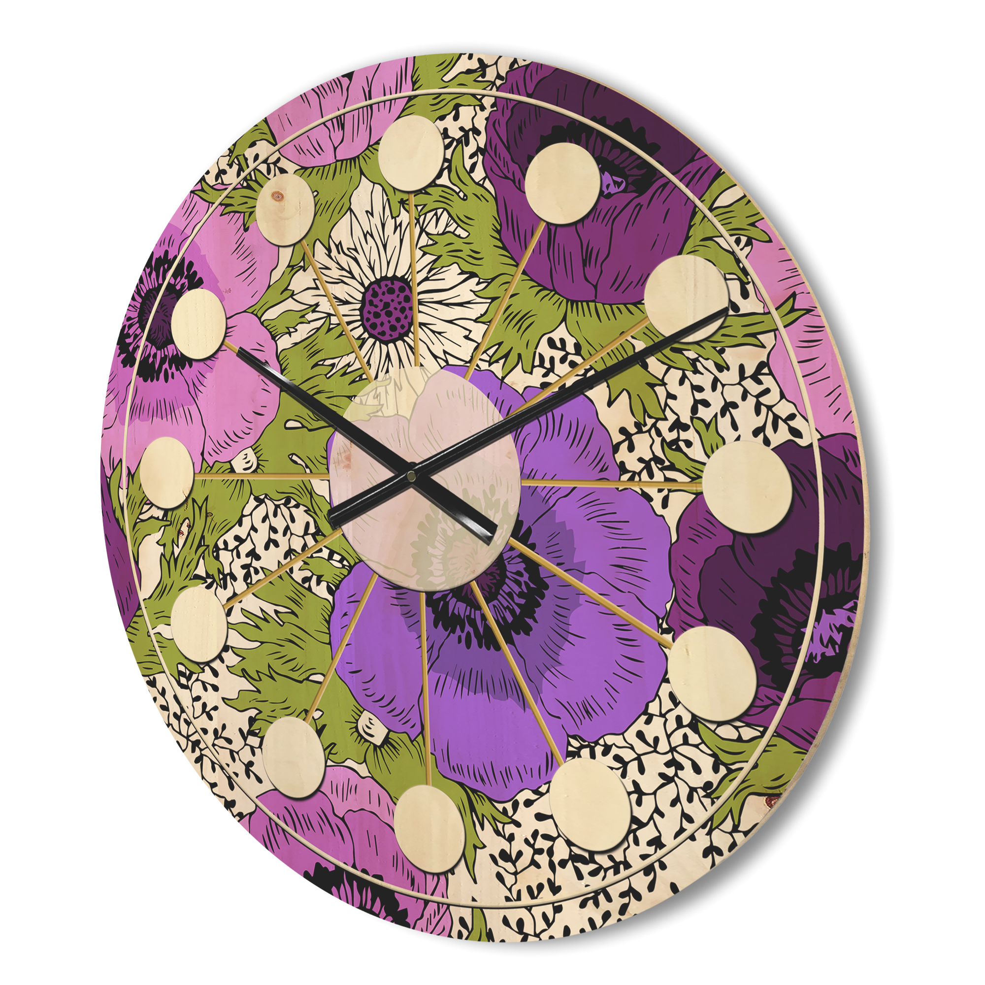 Designart 'Purple Fantasy Flowers Retro Pattern' Mid-Century Modern Wood Wall Clock