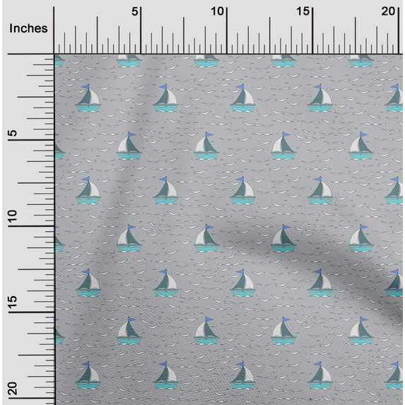oneOone Organic Cotton Poplin Twill Fabric Waves & Sailboat Ocean Print Fabric by Yard 42 Inch Wide