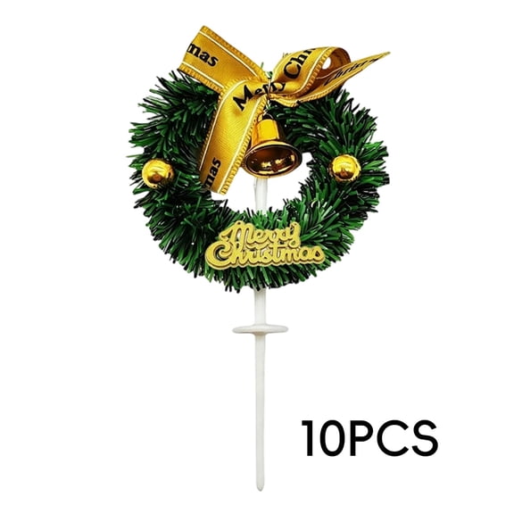 10 Pack Christmas Wreath Cupcake Toppers with Bow Tie Green Grass Circle Christmas Bells Cupcake Picks for Baby Shower Birthday New Year Christmas Holiday Party Cake Decoration Supplies
