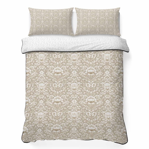 King Quilt Set 96''x106'', Beige Damask Lightweight Bedspread Coverlet Set with 2 Pillow Shams, Vintage Country Scroll Floral Patterned Breathable All Season Quilt Bedding for Bedroom/Guest Room