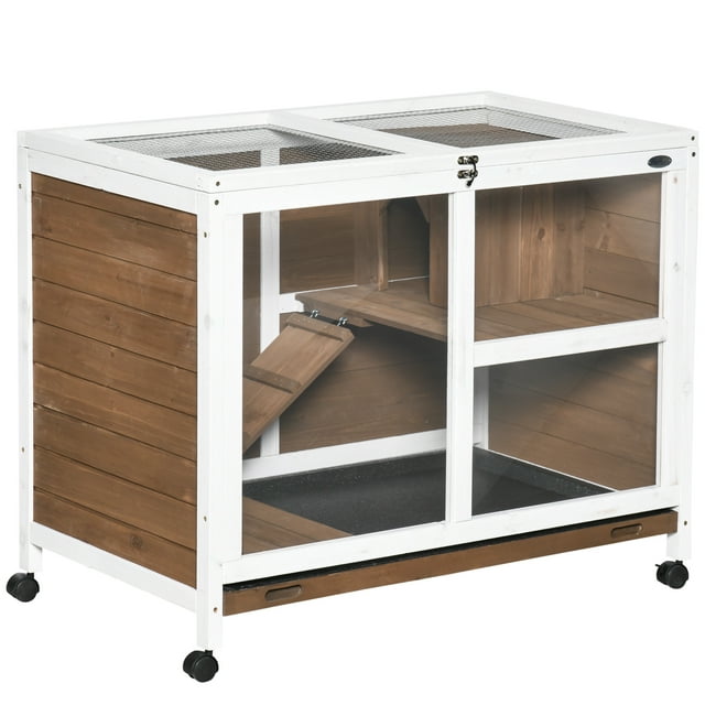 PawHut Indoor Rabbit Hutch with Wheels, Bunny Cage Guinea Pig House Small Animals Habitat W/ Top Access, Ramp, Pull Out Tray, Brown
