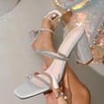 thumbnail image 3 of Square Toe Heeled Sandals for Women Rhinestone Tow Strap Low Block Chunky Heels Casual Summer Slip on Mules Silver Size 6, 3 of 6