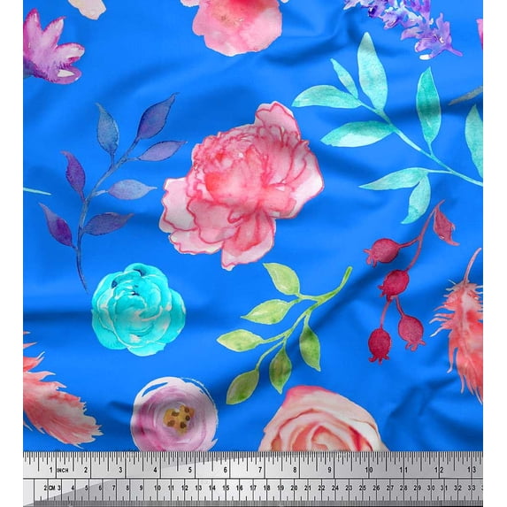 Soimoi Blue Cotton Cambric Fabric Leaves & Floral Print Fabric by The Yard 42 Inch Wide