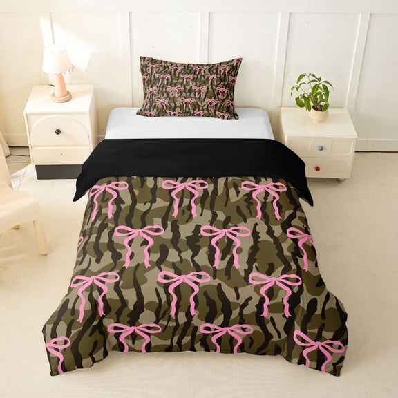 spefrowx Pink Bow Twin Duvet Cover for Teens, Olive Brown Rustic Camo Twin Bedding, Black Reversible, 2-Piece, 1 Duvet Cover and 1 Pillowcase